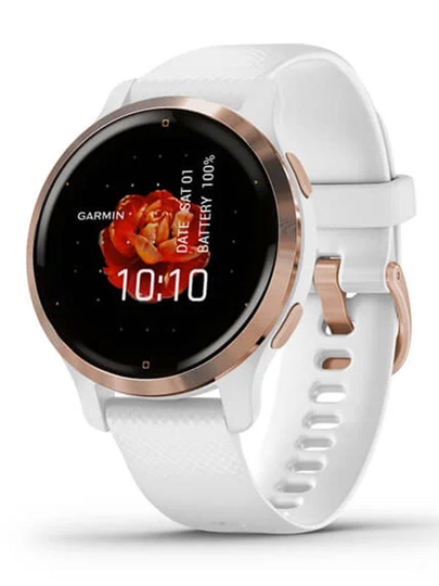 GARMIN Venu 2S Roséguldfärgad infattning i rostfritt stål med vit boett och sili