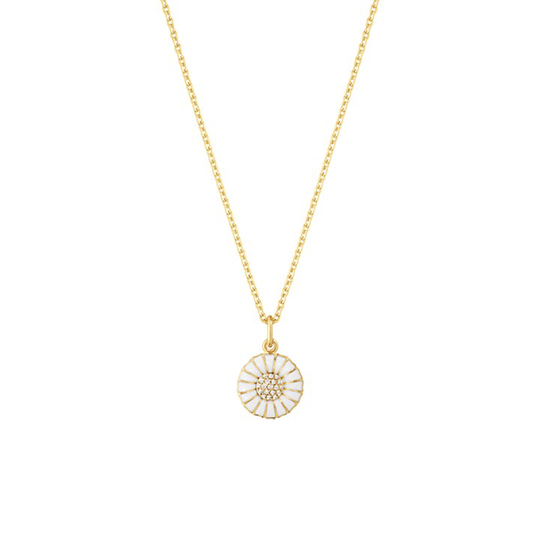 DAISY Hängsmycke guldpläterat sterlingsilver medium WHITE ENAMEL 11 MM Diamant 0.05 ct 40 cm