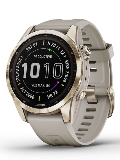 GARMIN Fenix 7S Sapphire Solar - Krämfärgad titan med ljust sandfärgat silikonar