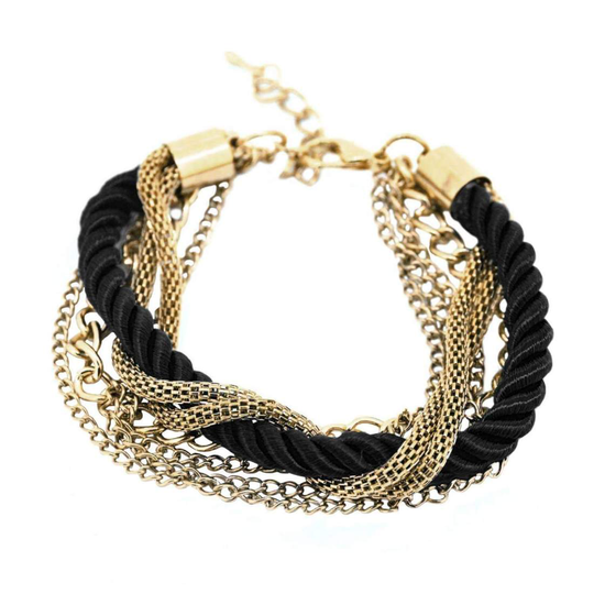 Armband, Tvinnat Rep och Guldfärgade Kedjor - Svart