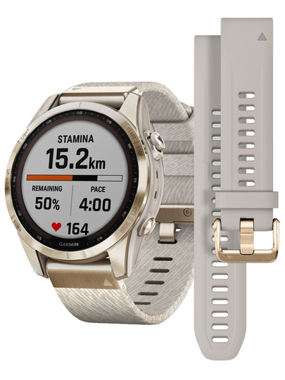 GARMIN Fenix 7S Sapphire Solar - Beige titan & beige nylonarmband