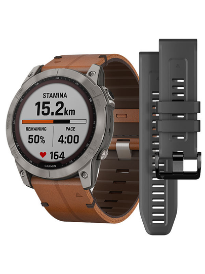 GARMIN Fenix 7X Sapphire Solar - Titan med kastanjefärgat läderarmband
