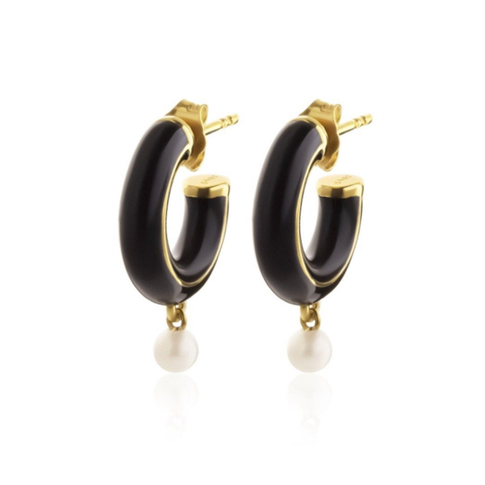 Enameled pearl hoops svart guld