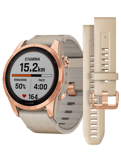 GARMIN Fenix 7S Sapphire Solar - Roséguldtitan med ljusgrått läderarmband