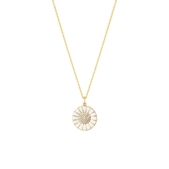 DAISY Hängsmycke guldpläterat sterlingsilver large WHITE ENAMEL 18 MM Diamant PAVÉ 0.19 ct 45 cm