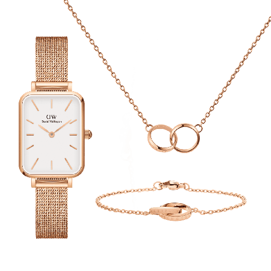 Daniel Wellington DW Quadro Pressed Melrose + Unity Bracelet + Necklace 20x26mm Roséguld